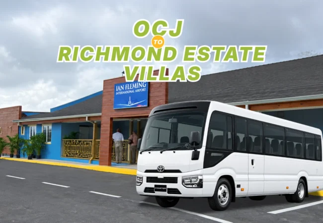 White Toyota Coaster bus parked at Ian Fleming International Airport for private group transportation to Richmond Estate Villas.